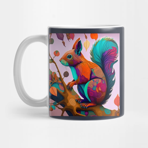 A whimsical, colorful squirrel perched on a branch by karma-stuff